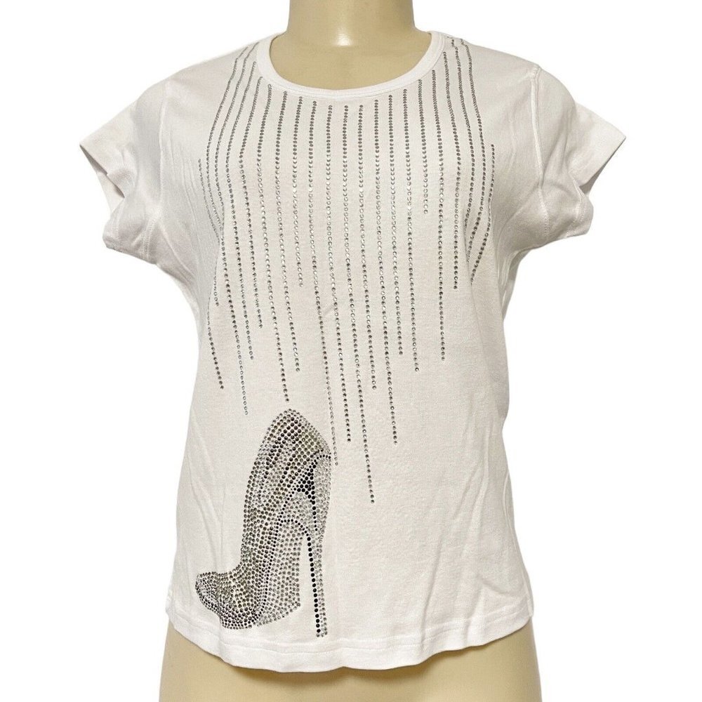 Silver Heels Print Rhinestone Bling Crewneck Short Sleeve T-Shirt Cute Tee Shirt